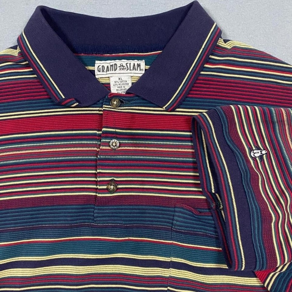 Vintage Grand Slam Polo‎ Shirt Mens XL Short Sleeve Striped Pocket Multi Color